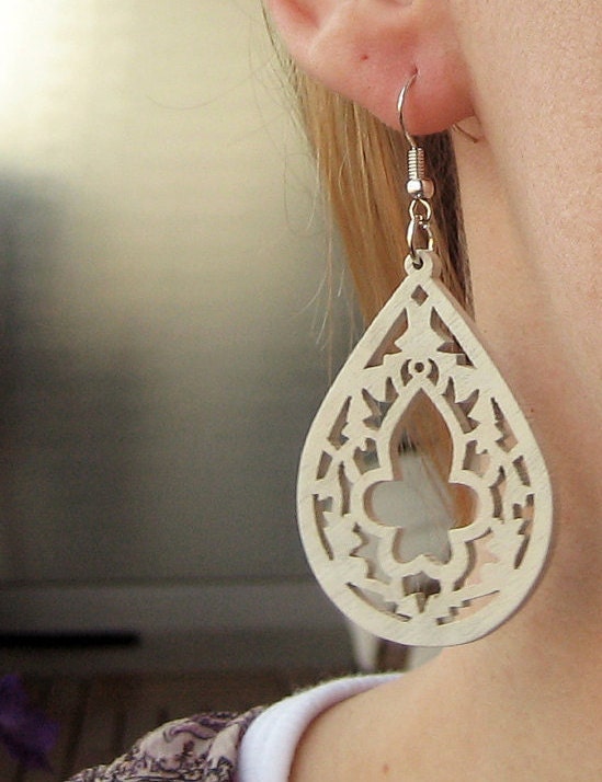 White Teardrop Earrings, White Carved Wood, White Earrings - PURITY