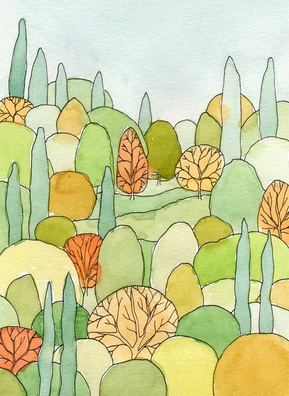 Perfect Landscape Art Print - from original watercolor painting of lovely trees