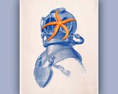 Starfish Diver Helmet Print,  Vintage images scuba diving helmet  and starfish print, steampunk print Sea Life and  Nautical art