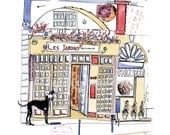 Paris Restaurant - Ink, watercolour and collage illustration