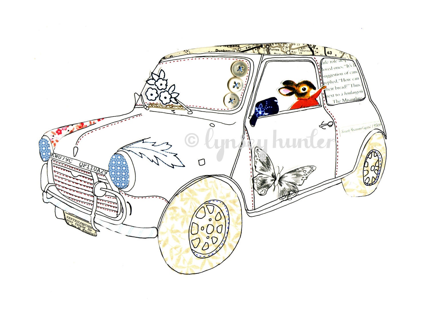 Mini Cooper car - Ink and collage illustration