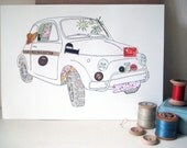 Fiat 500 Original illustration - Ink & collage