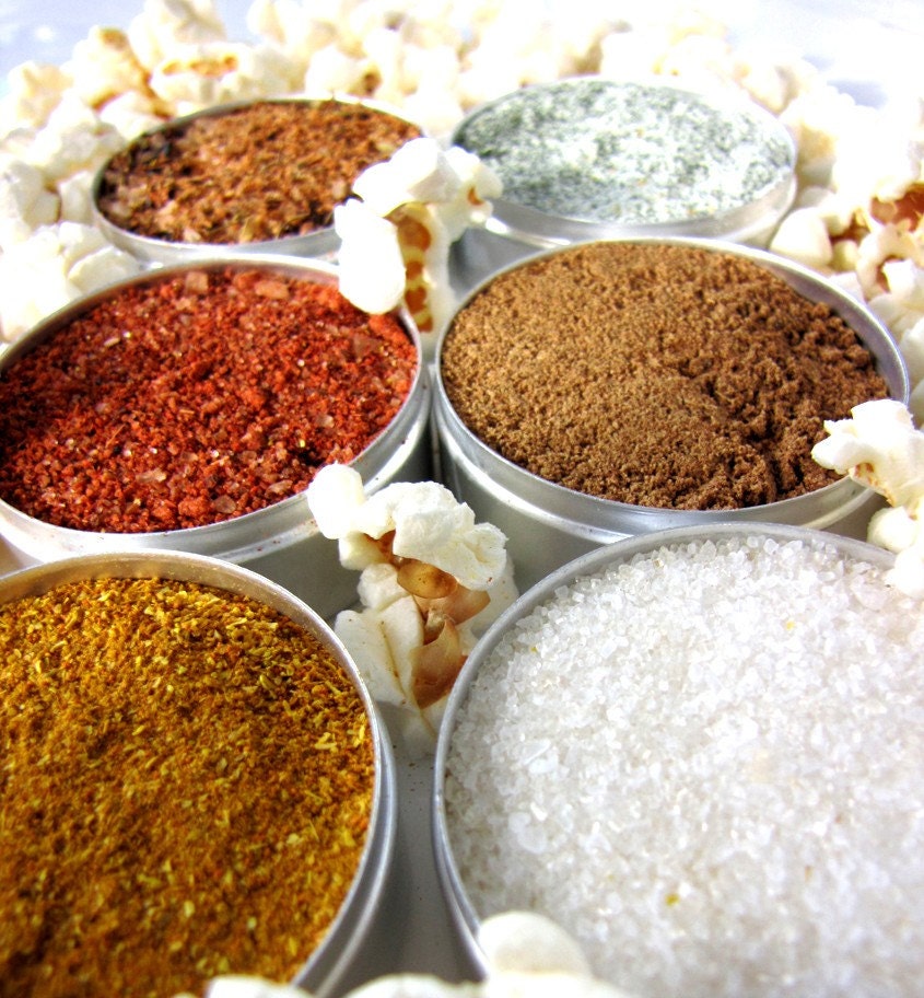 Gourmet popcorn seasonings - 6 tins with spice blends  - no artificial colors or preservatives