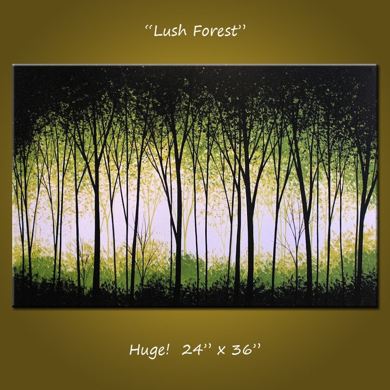 Acrylic Painting Original Large Abstract Modern Contemporary Landscape Trees .. white yellow green black ...24 x 36 .. Lush Forest
