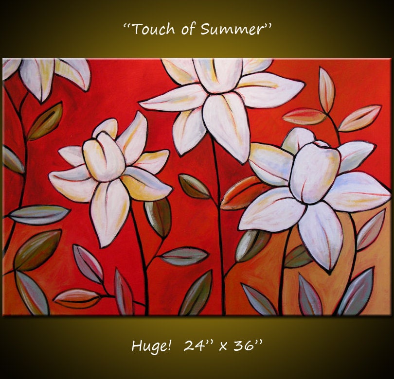 Original Large Abstract Painting Modern Contemporary Landscape Flowers Floral .. yellow green red blue black ...24 x 36 .. Touch of Summer