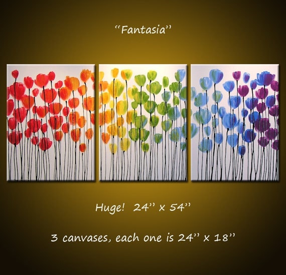 Large Flowers Abstract Painting Modern Floral Garden .. red yellow blue green ...24 x 54 ... Fantasia, Amy Giacomelli