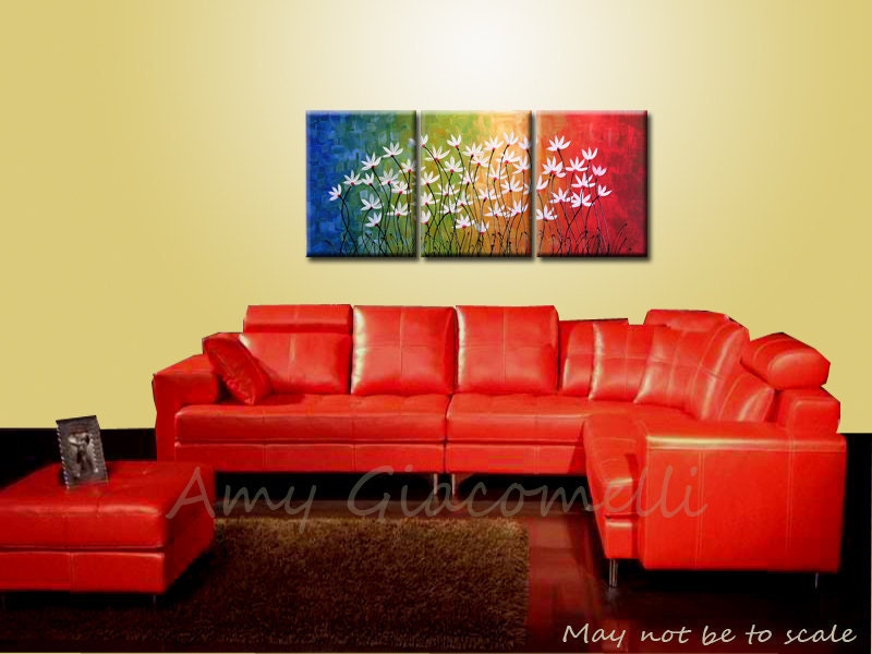 Original Large Abstract Painting Modern Contemporary Flowers .. yellow green red blue black ...24 x 54 .. Prism Garden