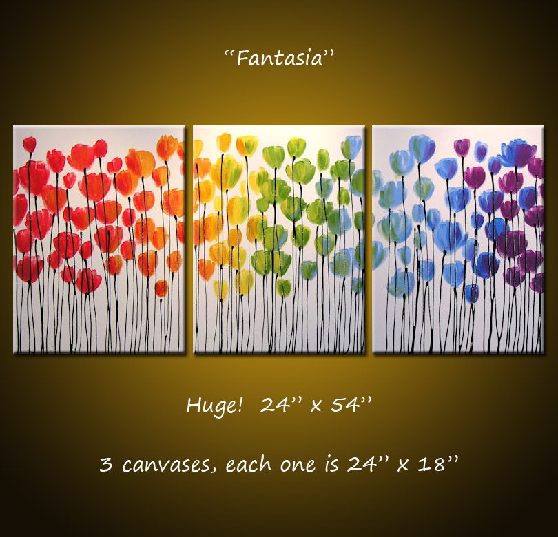 Large Flowers Abstract Painting Modern Floral Garden .. red yellow blue green ...24 x 54 ... Fantasia, Amy Giacomelli