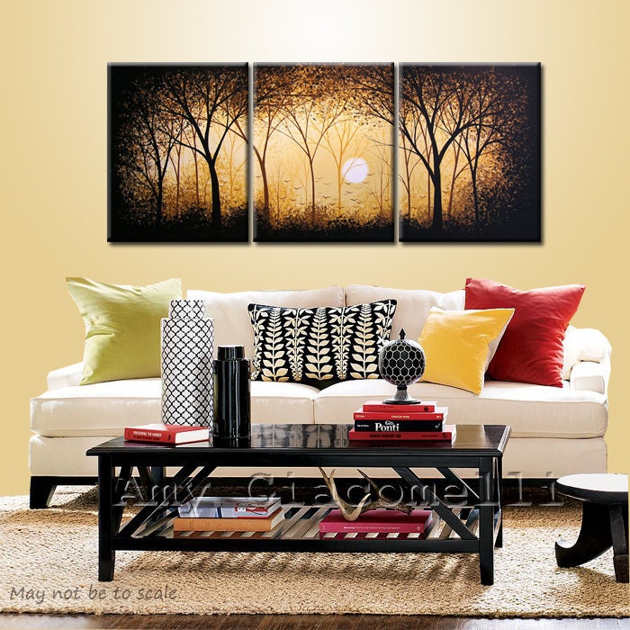 Painting Large Abstract Original Modern Contemporary Landscape Trees Sun .. white yellow brown gold black ...28 x 66 .. Valley of the Sun