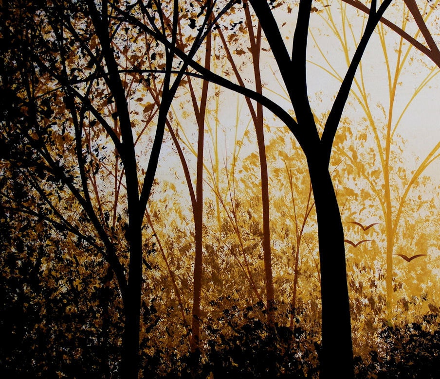 Painting Large Abstract Original Modern Contemporary Landscape Trees Sun .. white yellow brown gold black ...28 x 66 .. Valley of the Sun