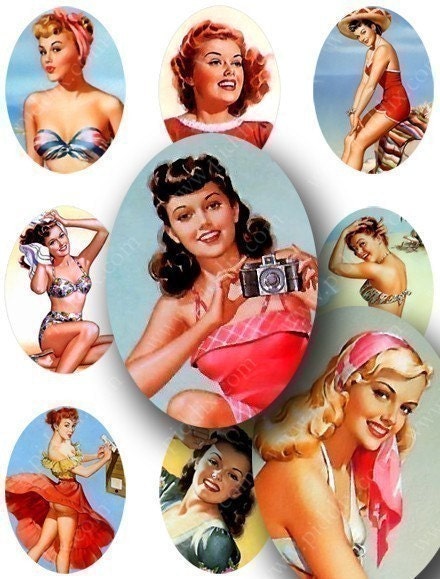 Pin Ups in Small 18 x 25 mm Ovals for jewelry and more -- piddix digital collage sheet no. 702