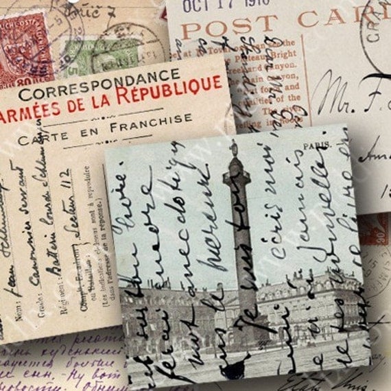 French, German and Italian Vintage Postcards in 2.5 inch squares Two -- piddix digital collage sheet no. 447