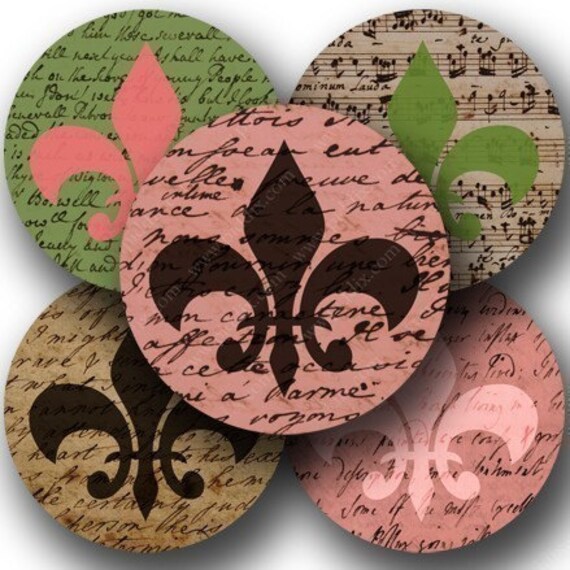 New -- Vintage Fleur de Lis in 2.5 inch circles for pocket mirrors and more -- piddix digital collage sheet no. 688