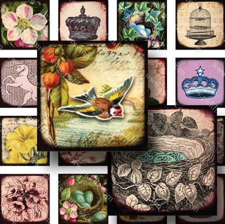 Royal Flora and Fauna 7/8 inch squares -- Two Digital Collage Sheets in One -- piddix no. 767