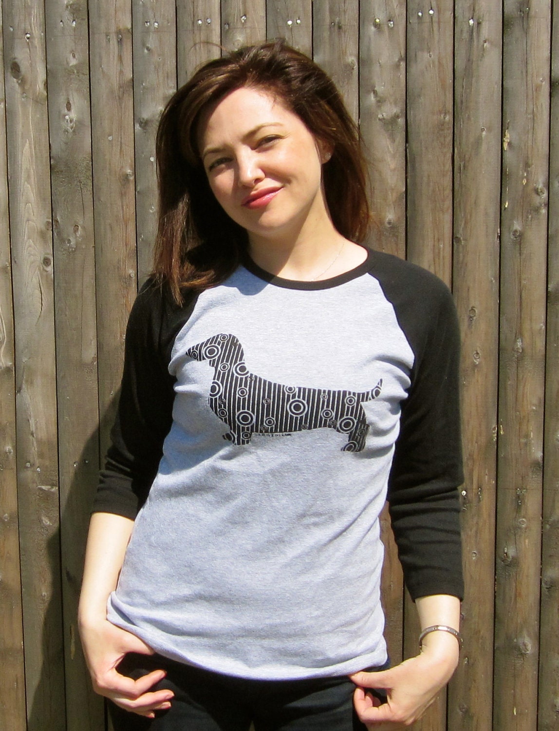 Dottie Dachshund Womens Tee Shirt in Heather Grey and Black