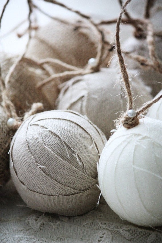 Rag ball trio Christmas tree ornaments in linen and burlap - Set of 9 - Limited Quantities Available