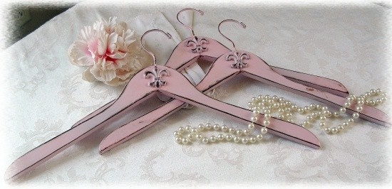 Set of 3 Shabby Pink Fleur de Lis Coat Hangers