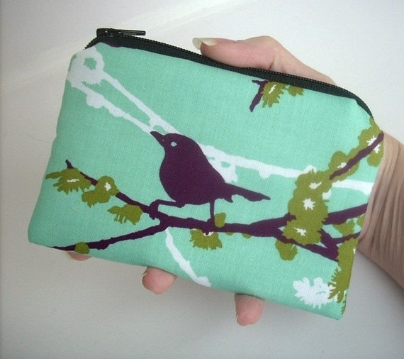 Zipper Pouch Sparrows on Aqua Blue ECO Friendly Little coin purse Gadget Case (Padded)
