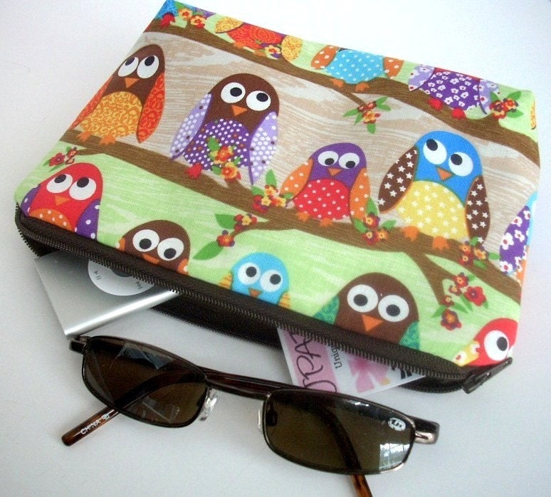 Owls in Line Large Flat bottom zipper pouch Gadget Case Cosmetic Bag ECO Friendly Padded