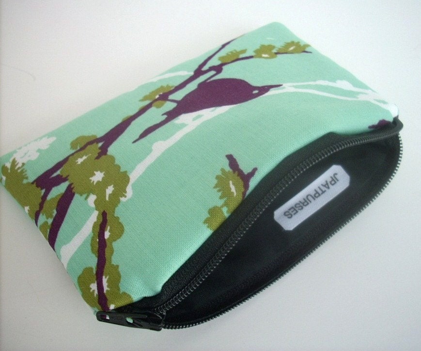 Zipper Pouch Sparrows on Aqua Blue ECO Friendly Little coin purse Gadget Case (Padded)
