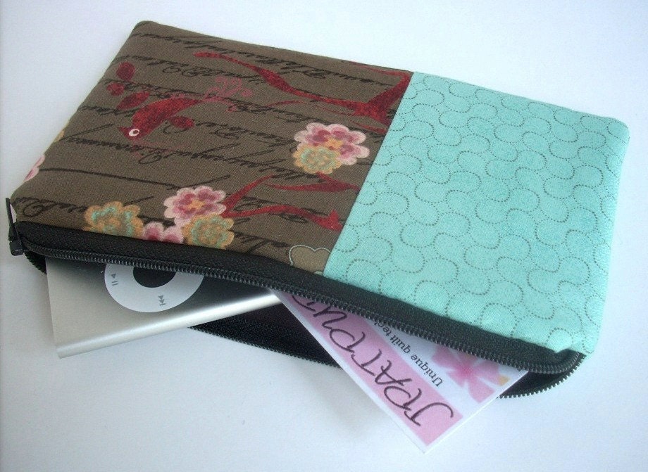 Large Zipper Pouch Cosmetic Bag Eco FRIENDLY Padded Coin purse -  Double Aqua Bird Blush in Brown