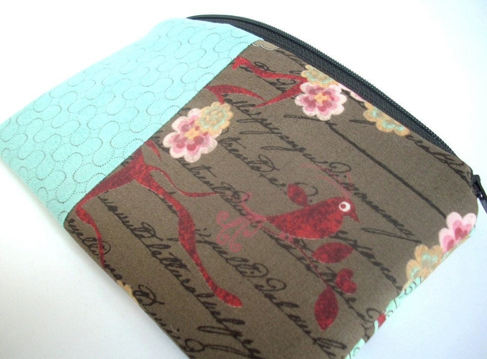 Large Zipper Pouch Cosmetic Bag Eco FRIENDLY Padded Coin purse -  Double Aqua Bird Blush in Brown