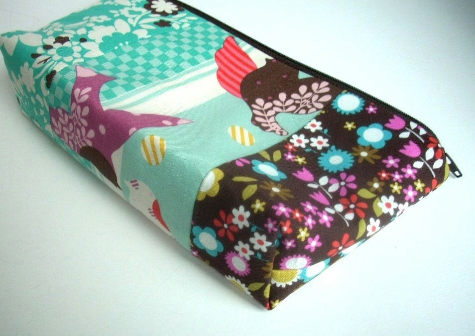 50% OFF SALE Birds Cosmetic Bag Large Flat Bottom Zipper Pouch Camera Case (Padded) OOAK Birds Patchwork