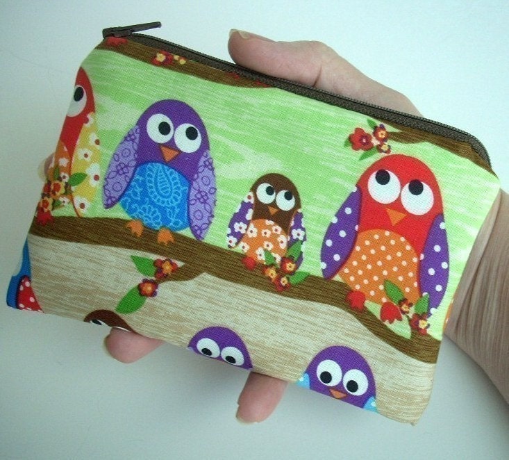Owls in Line Little Zipper Pouch Coin Purse Gadget case ECO Friendly Padded - Limited item