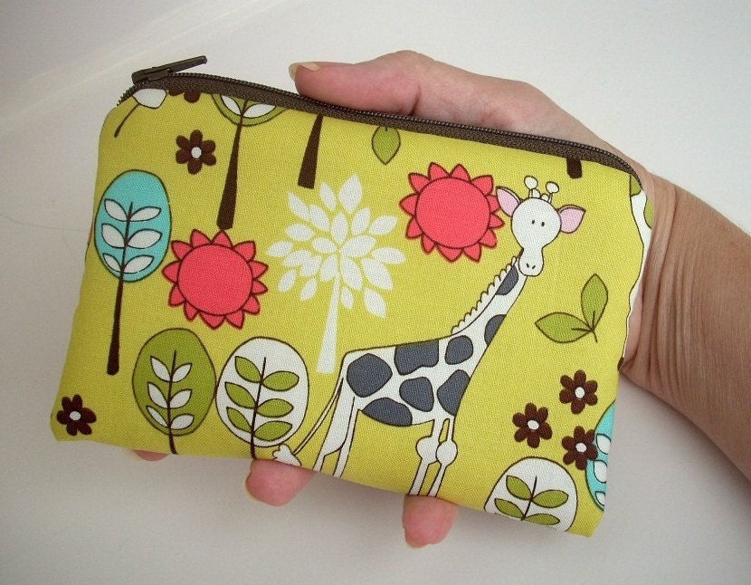 Coin Purse Giraffe Garden in Citron Yellow Little Zipper pouch Ipod Case ECO Friendly Padded