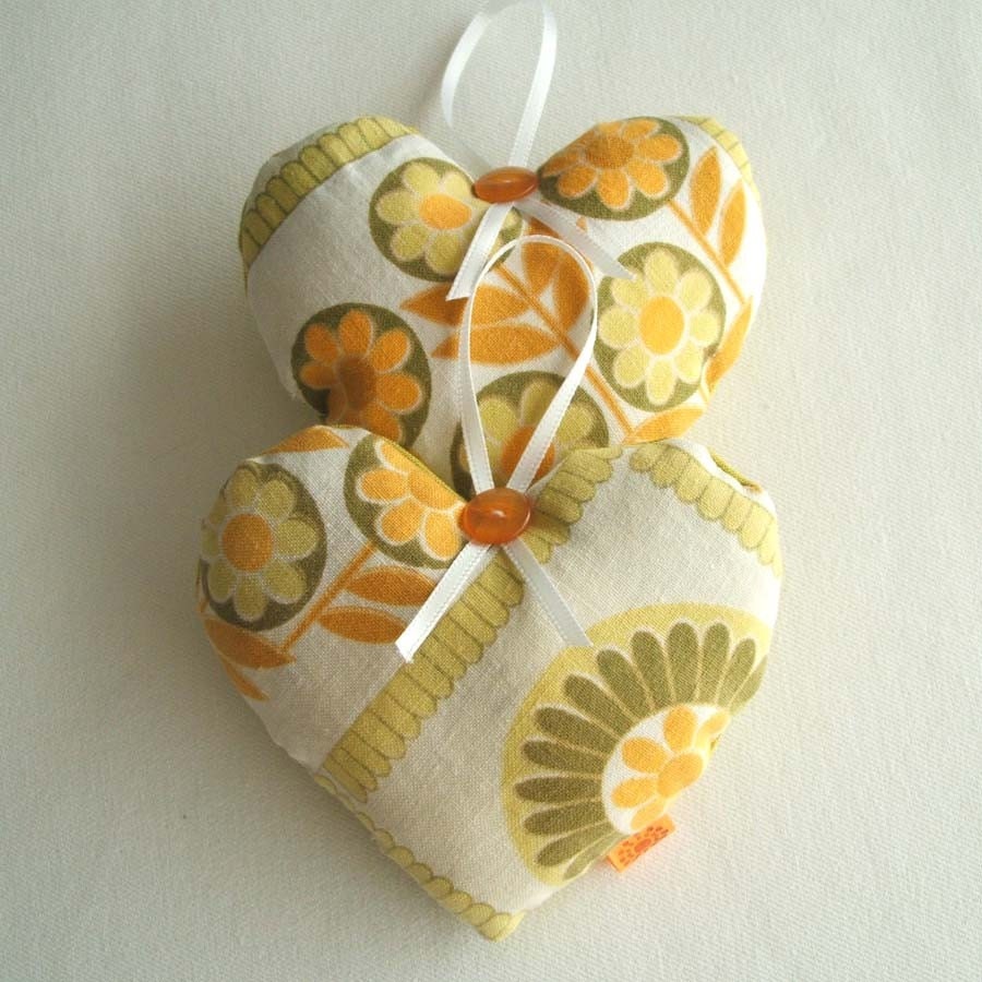 vintage fabric hearts in orange and lime green
