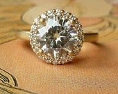 Round Moissanite and Diamond Halo Ring - 14k Yellow Gold