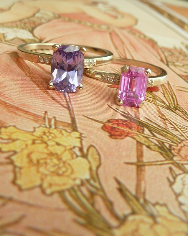 Emerald Cut Pink Sapphire and Diamond Ring