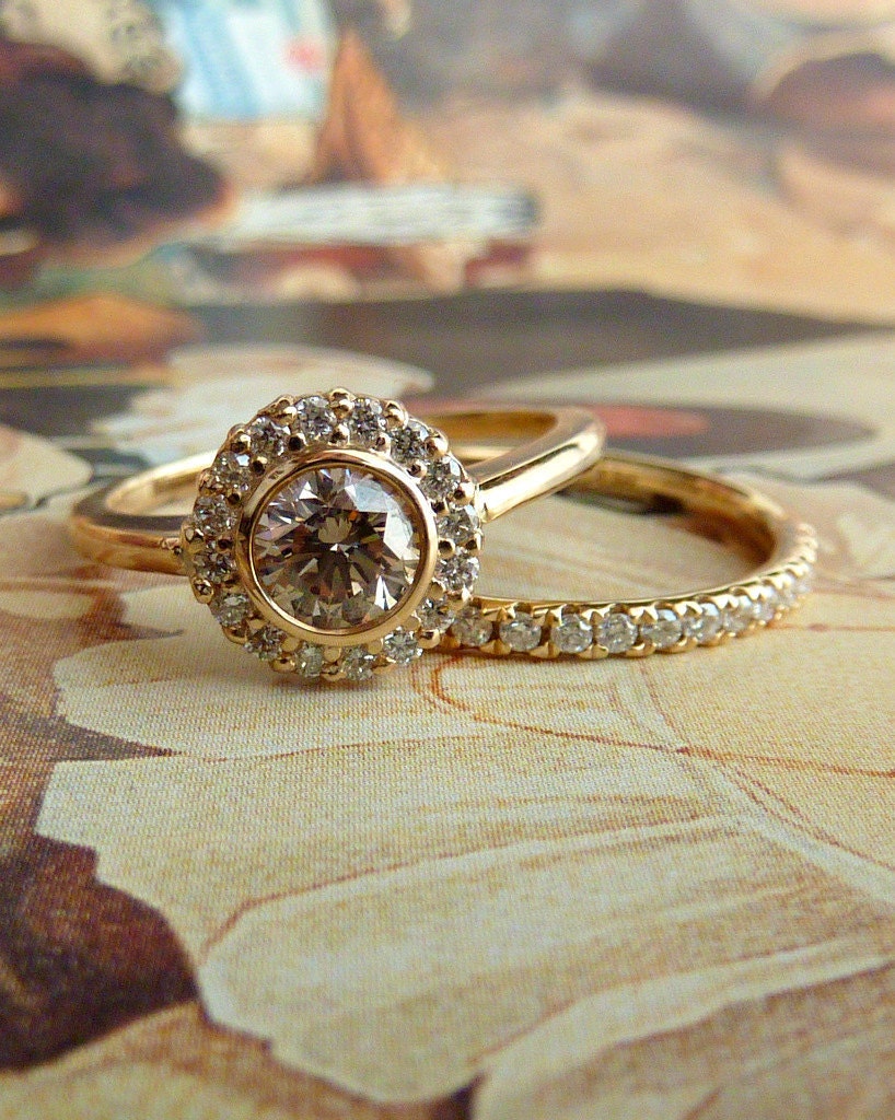 Yellow Gold Bezel Set Diamond Halo Ring