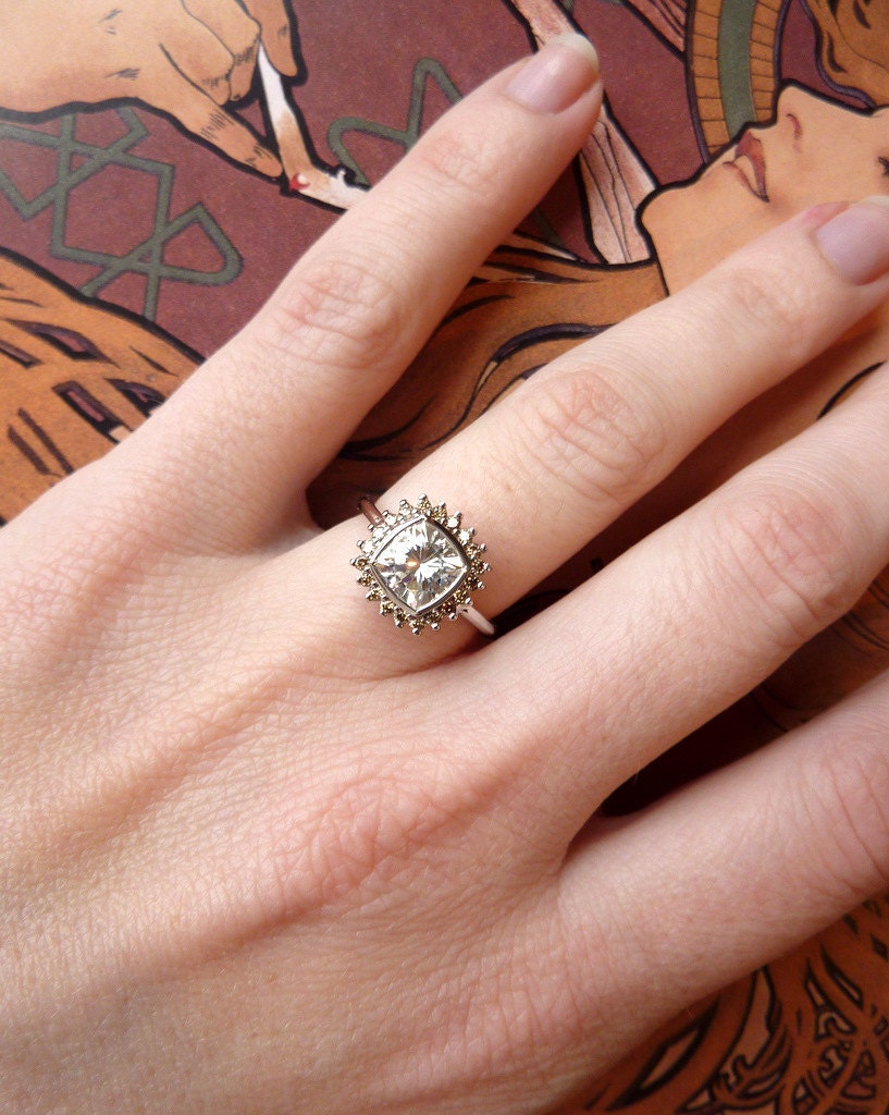 Antique Square Moissanite and Champagne Diamond Halo Ring