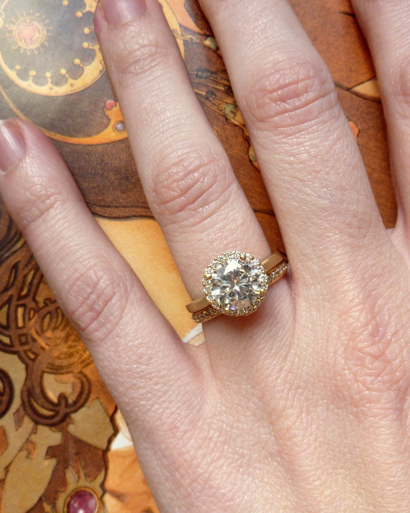 Round Moissanite and Diamond Halo Ring - 14k Yellow Gold