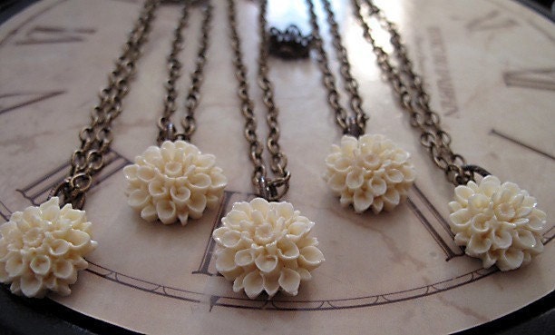 Bridesmaid Jewelry, Chrysanthemum Antique Brass Necklace,  Set Of FIVE, Vintage Inspired Wedding,  You Choose Your Colors