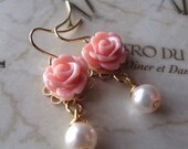 Coral Rose Pearl Earrings, Bridesmaid Gift, Bridal Jewelry, Flower Girl Earrings