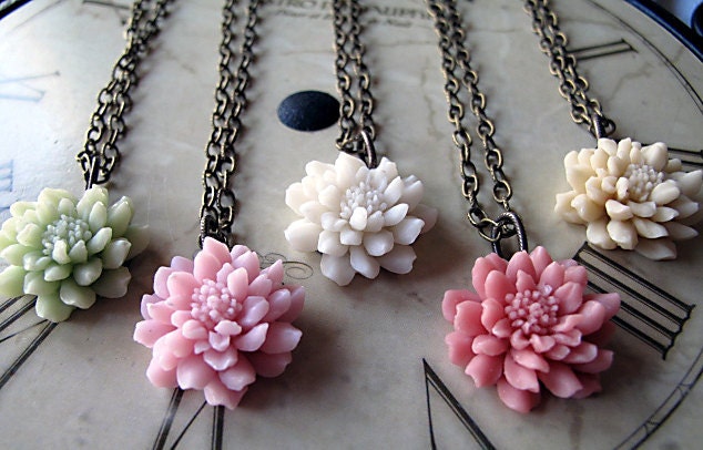 Bridesmaid Jewelry Sets, Chrysanthemum Flower Antique Brass Necklace, Set Of FIVE,  Vintage Inspired Wedding,