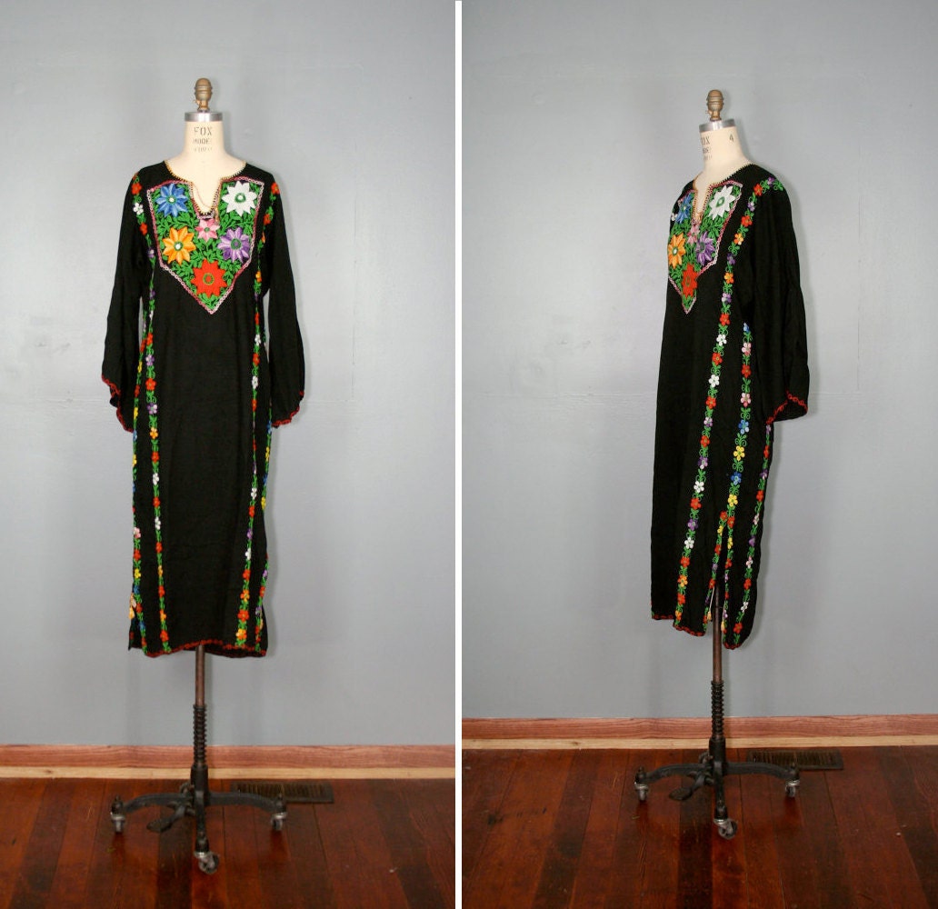 vintage . 1970s . floral . embroidered . WILD DAISY . maxi . hippie . dress