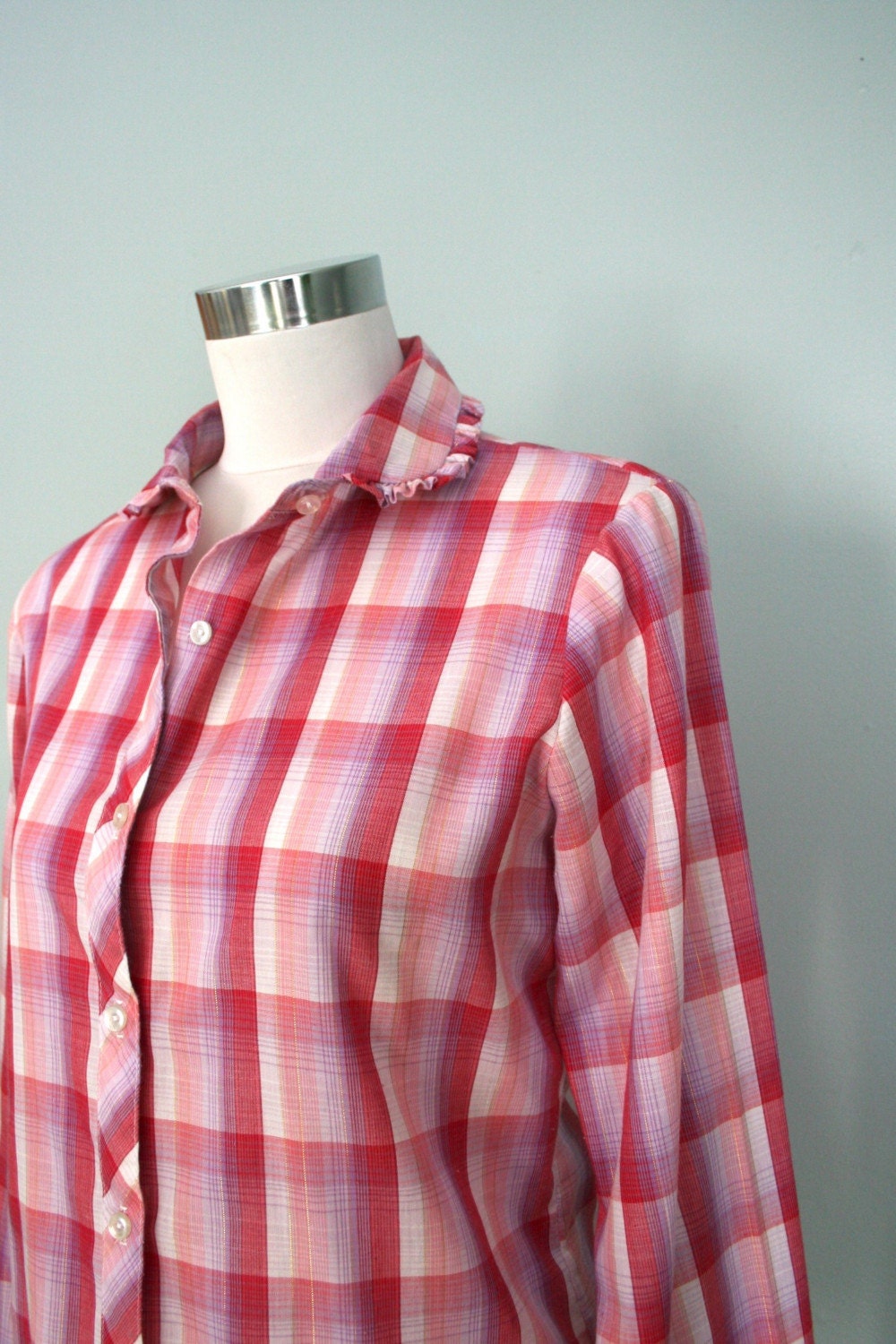 SALE . vintage . pastel . pink . WESTERN . plaid . ruffled . blouse