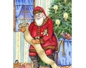 Christmas Santa Checking His List 5x7 Original Watercolor Painting Old Fashioned Folk Art