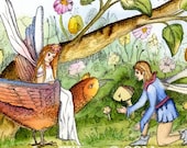 Fairy Love Courtship Original Pen and Ink with Watercolor Painting Illustration Bird Fantasy
