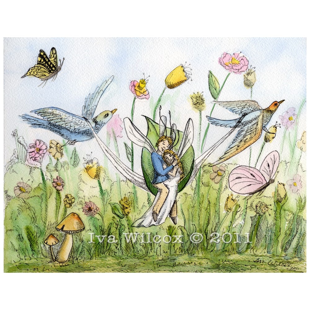 Fairy Love Original Pen and Ink, Watercolor Illustration Painting Flower Garden