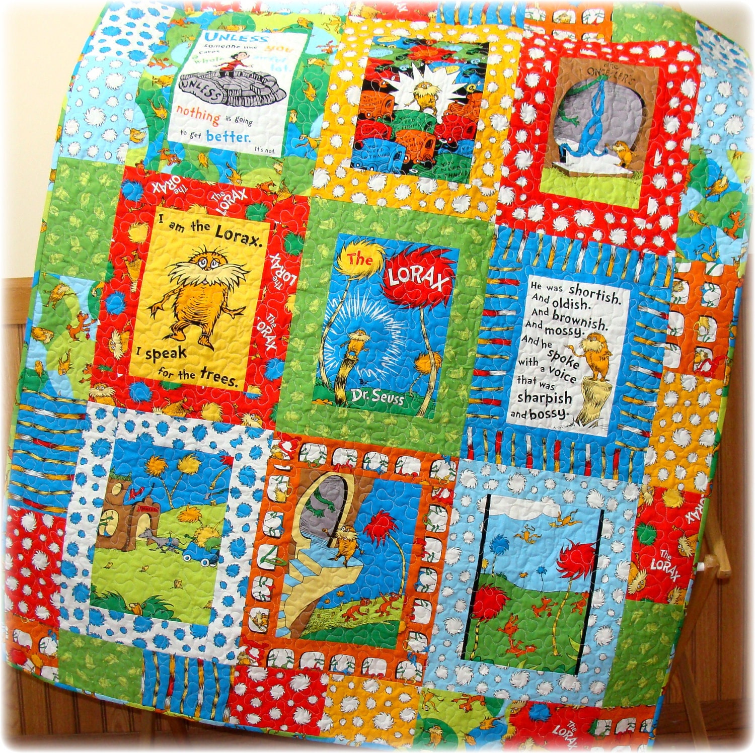 The Lorax Baby Quilt  Dr SEUSS Bright, Fun, Organic cotton CUSTOM Made to Order