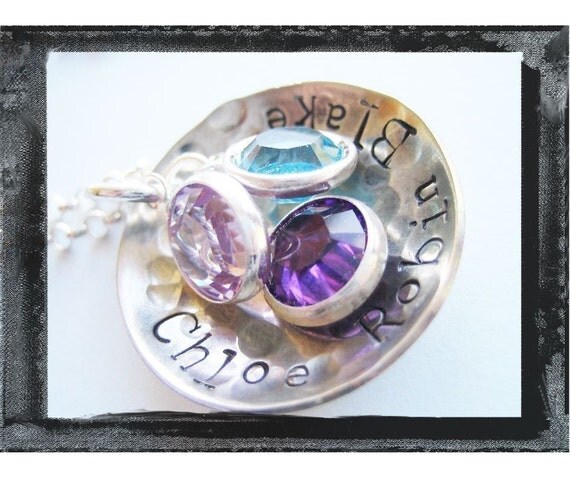 Hand Stamped Necklace - Personalized Jewelry - Sterling Silver Hammered and Textured Pendant Necklace with Birthstones