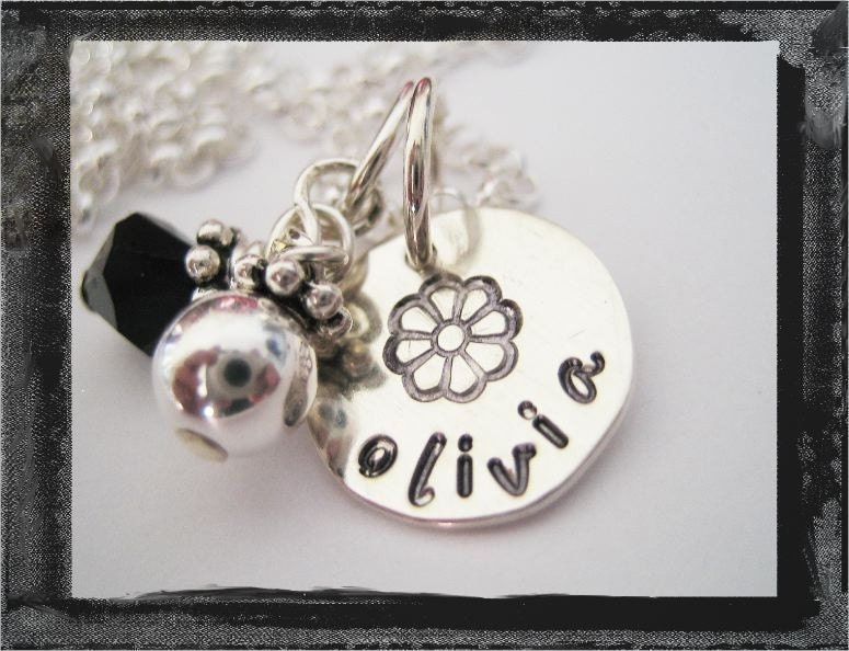 Hand Stamped Necklace - Sterling Silver Charm Jewelry - Name Design Stamp Birthstone