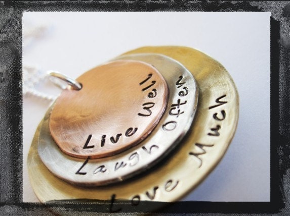Hammered and Textured Stacked Mixed Metal Pendant Live Laugh Love