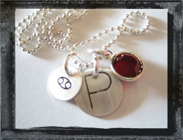 Hand Stamped Sterling Silver Charm INITIAL Necklace Choose ZODIAC Stamp and BIRTHSTONE