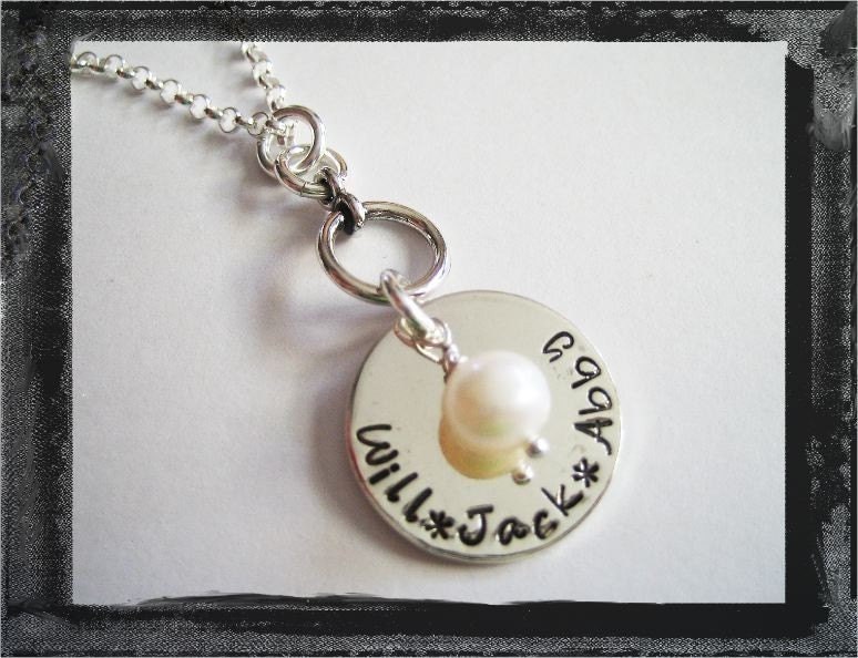 Personalized Jewelry - Hand Stamped Necklace - Sterling Silver Family Purity Necklace.....with Freshwater Pearl