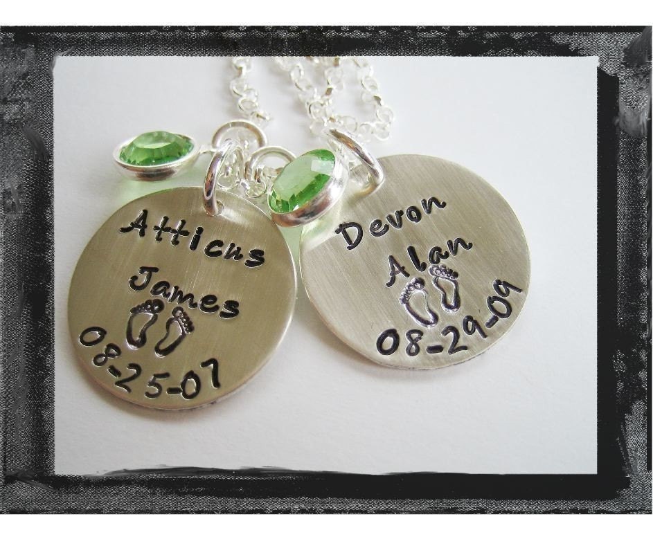 Hand Stamped Necklace - Personalized Jewelry - Sterling Silver 2 disc Birthdate Necklace with Design Stamp and Birthstone